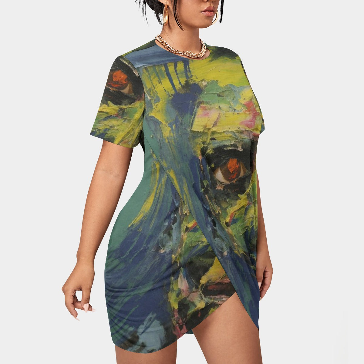 All-Over Print Women’s Stacked Hem Dress With Short Sleeve（Plus Size）