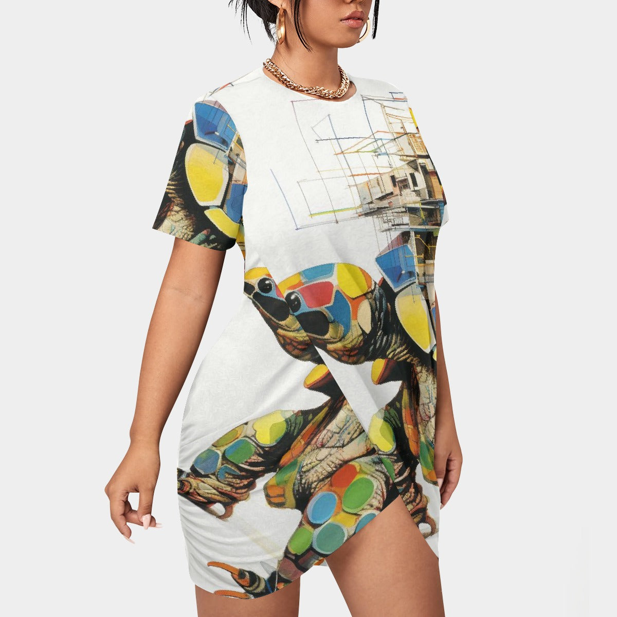 All-Over Print Women’s Stacked Hem Dress With Short Sleeve（Plus Size）