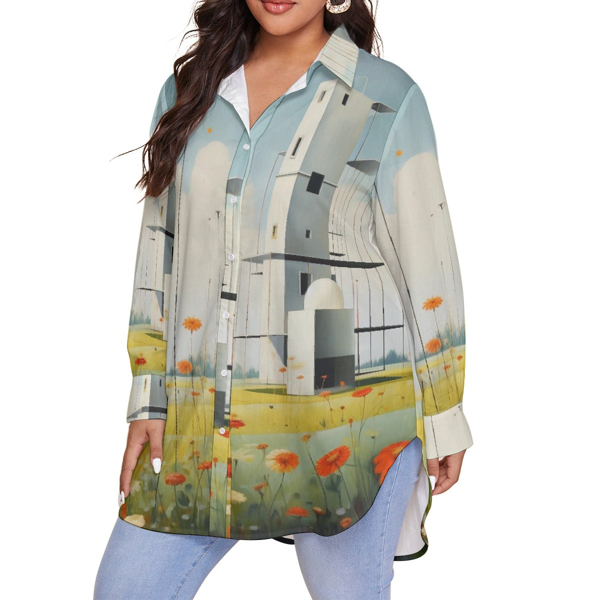 All-Over Print Women's Shirt With Long Sleeve(Plus Size)