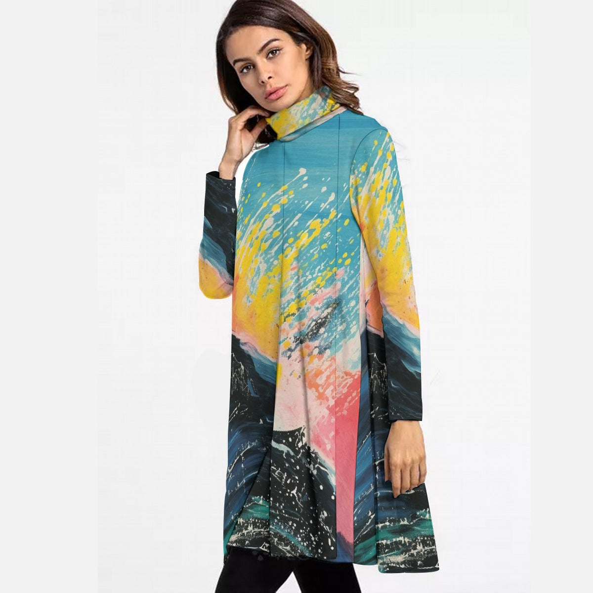 All-Over Print Women's High Neck Dress With Long Sleeve