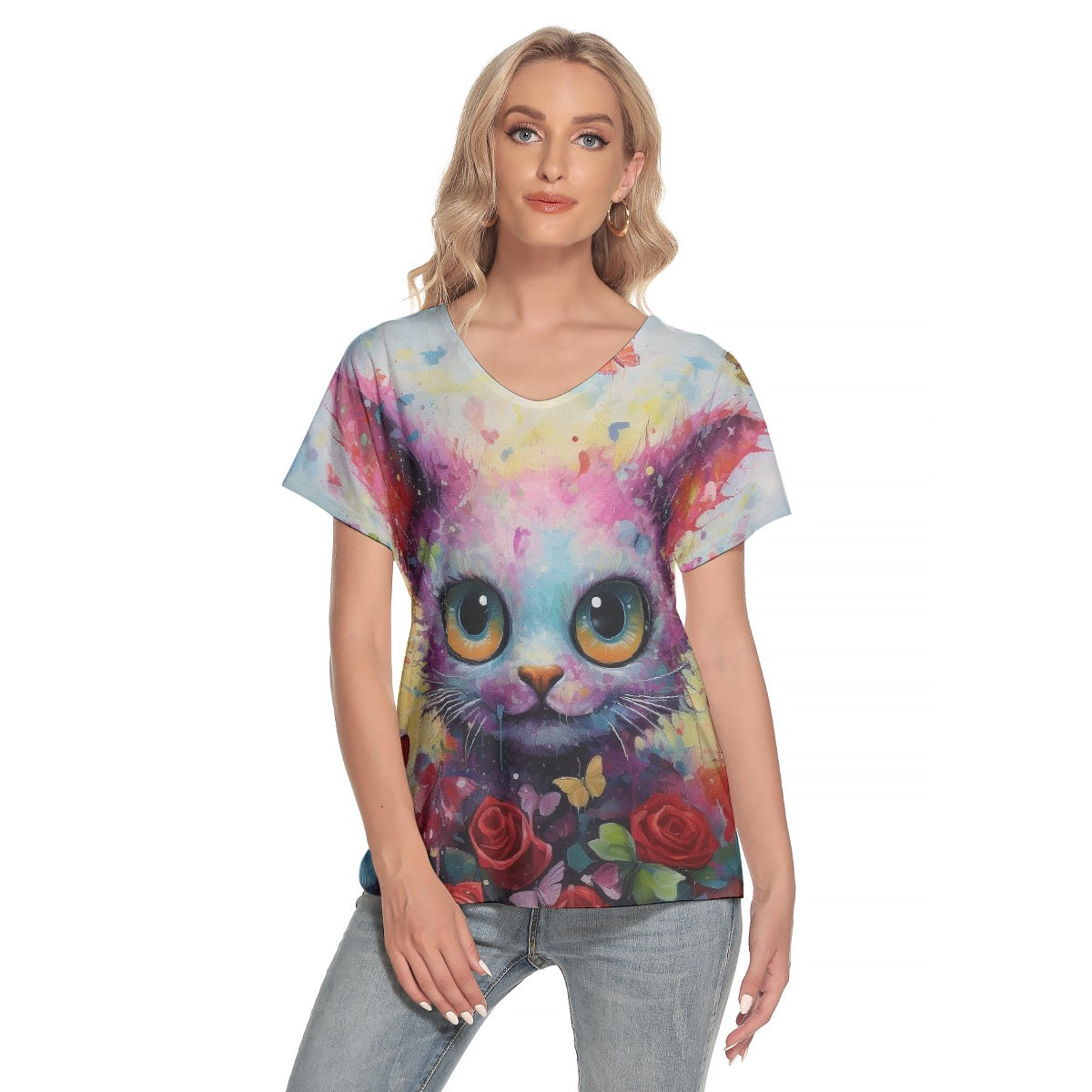 All-Over Print Women's Loose V-neck Short Sleeve T-shirt