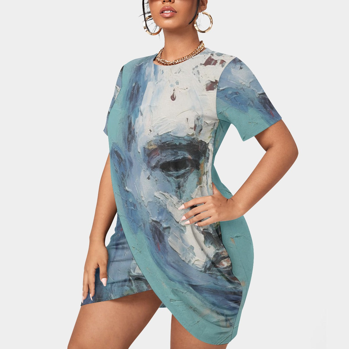 All-Over Print Women’s Stacked Hem Dress With Short Sleeve（Plus Size）