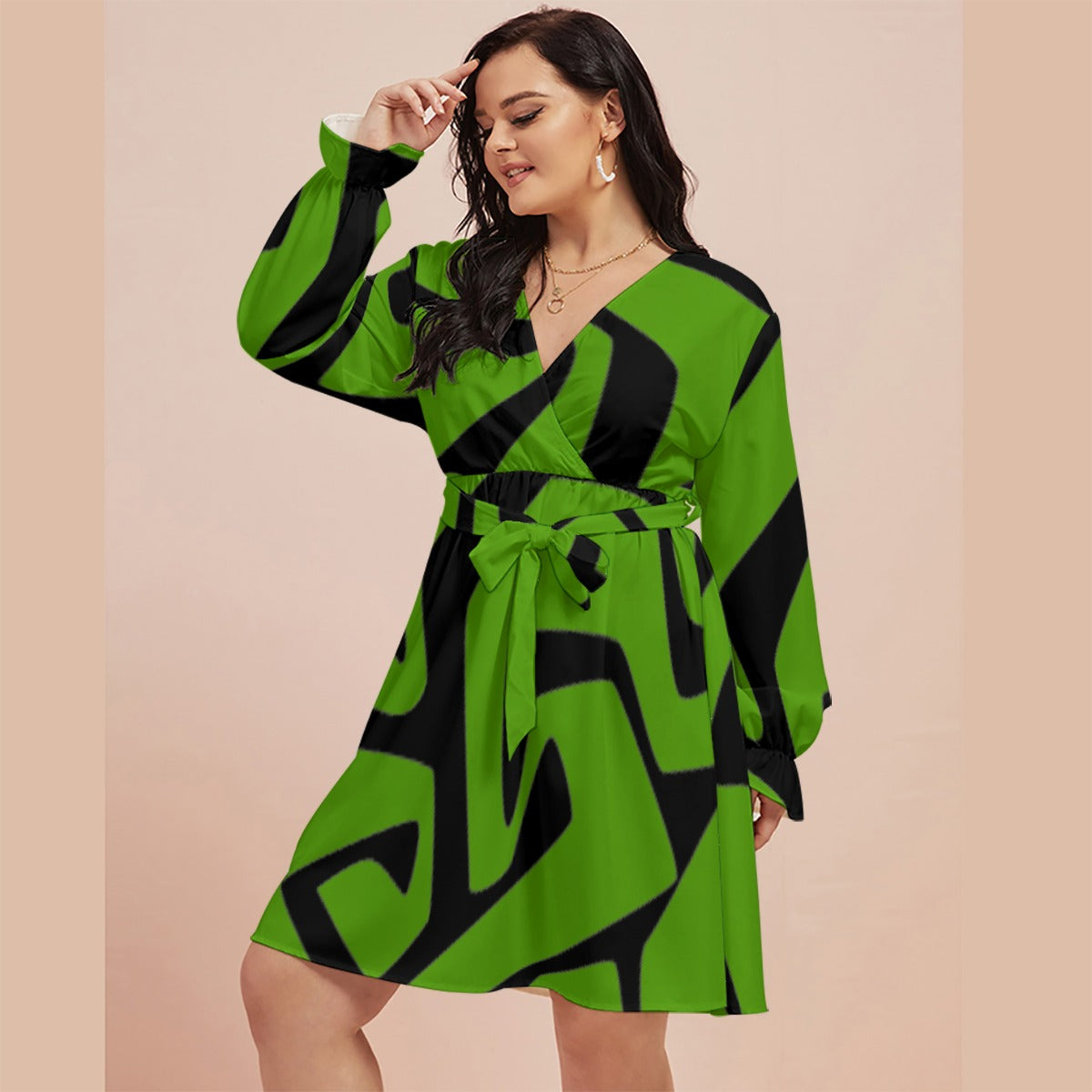 All-Over Print Women's V-neck Dress With Waistband(Plus Size)