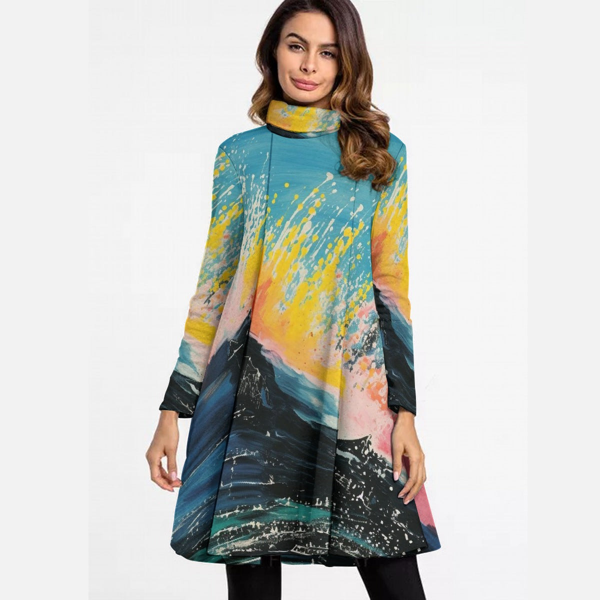 All-Over Print Women's High Neck Dress With Long Sleeve