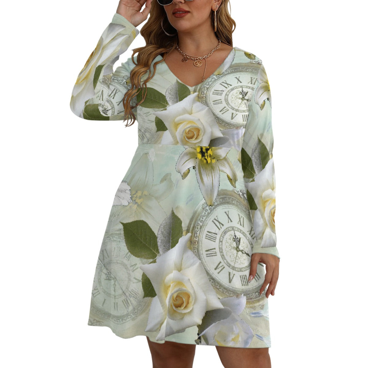 All-Over Print Women's V-neck Long Sleeve Dress(Plus Size)