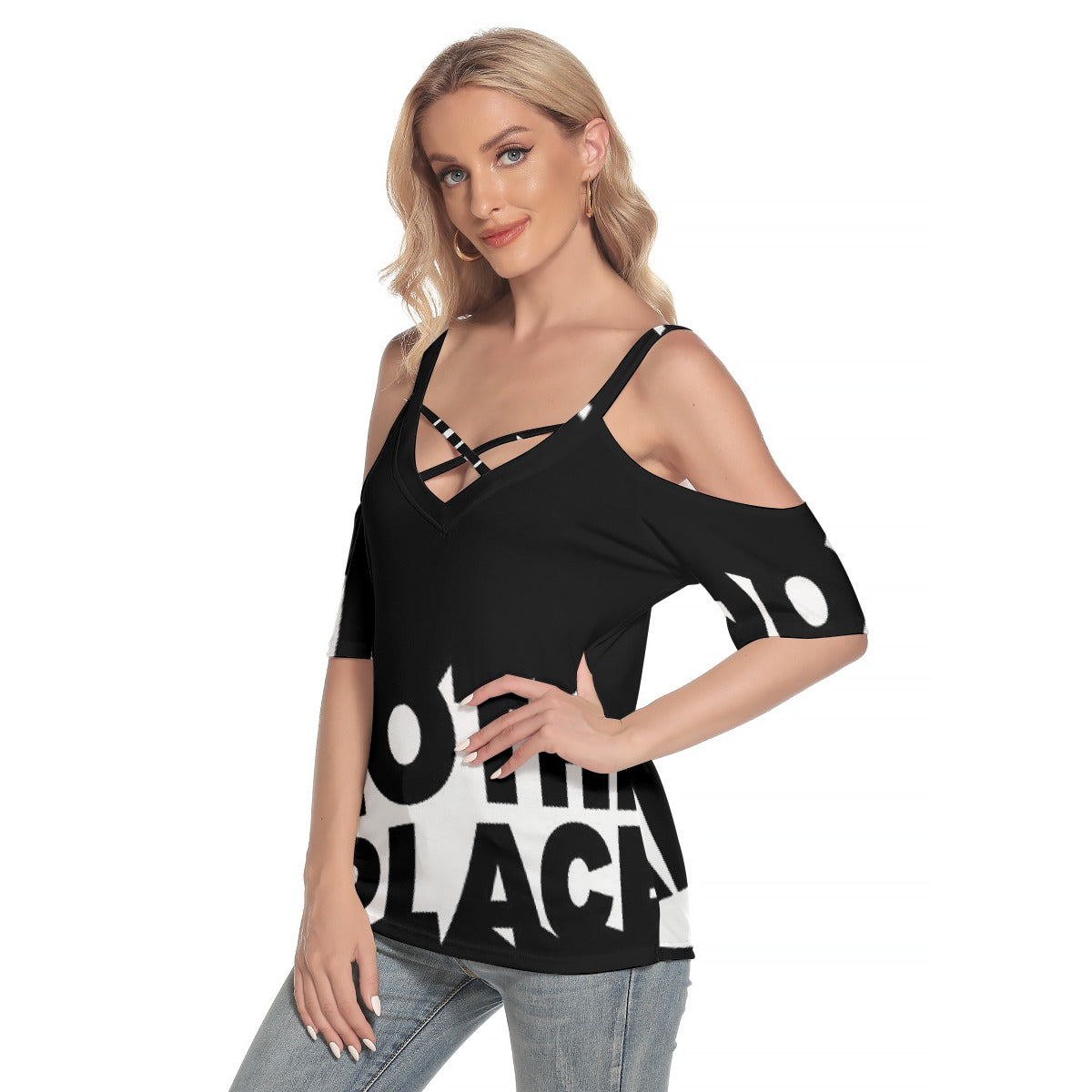 All-Over Print Women's Cold Shoulder T-shirt With Criss Cross Strips