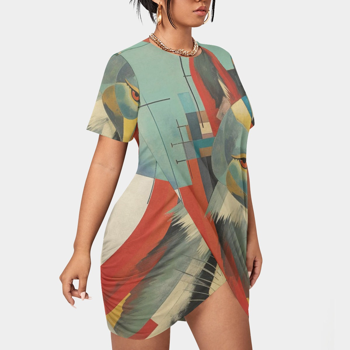 All-Over Print Women’s Stacked Hem Dress With Short Sleeve（Plus Size）