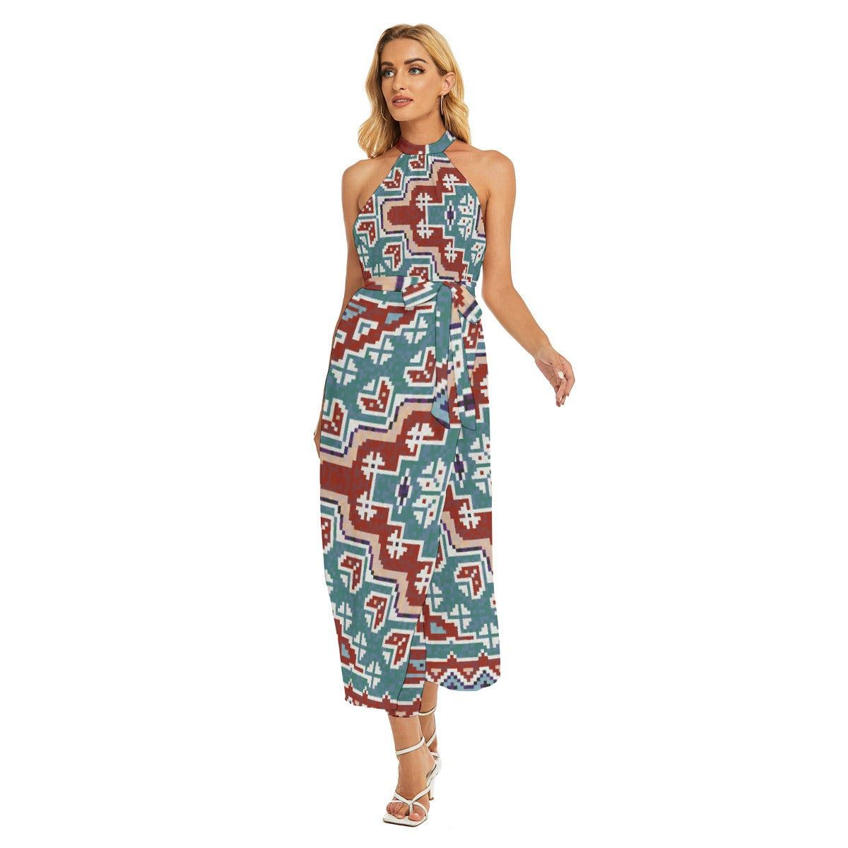 All-Over Print Women's Wrap Hem Belted Halter Dress