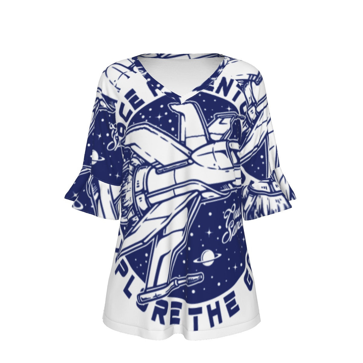 All-Over Print V-neck Women's T-shirt With Bell Sleeve