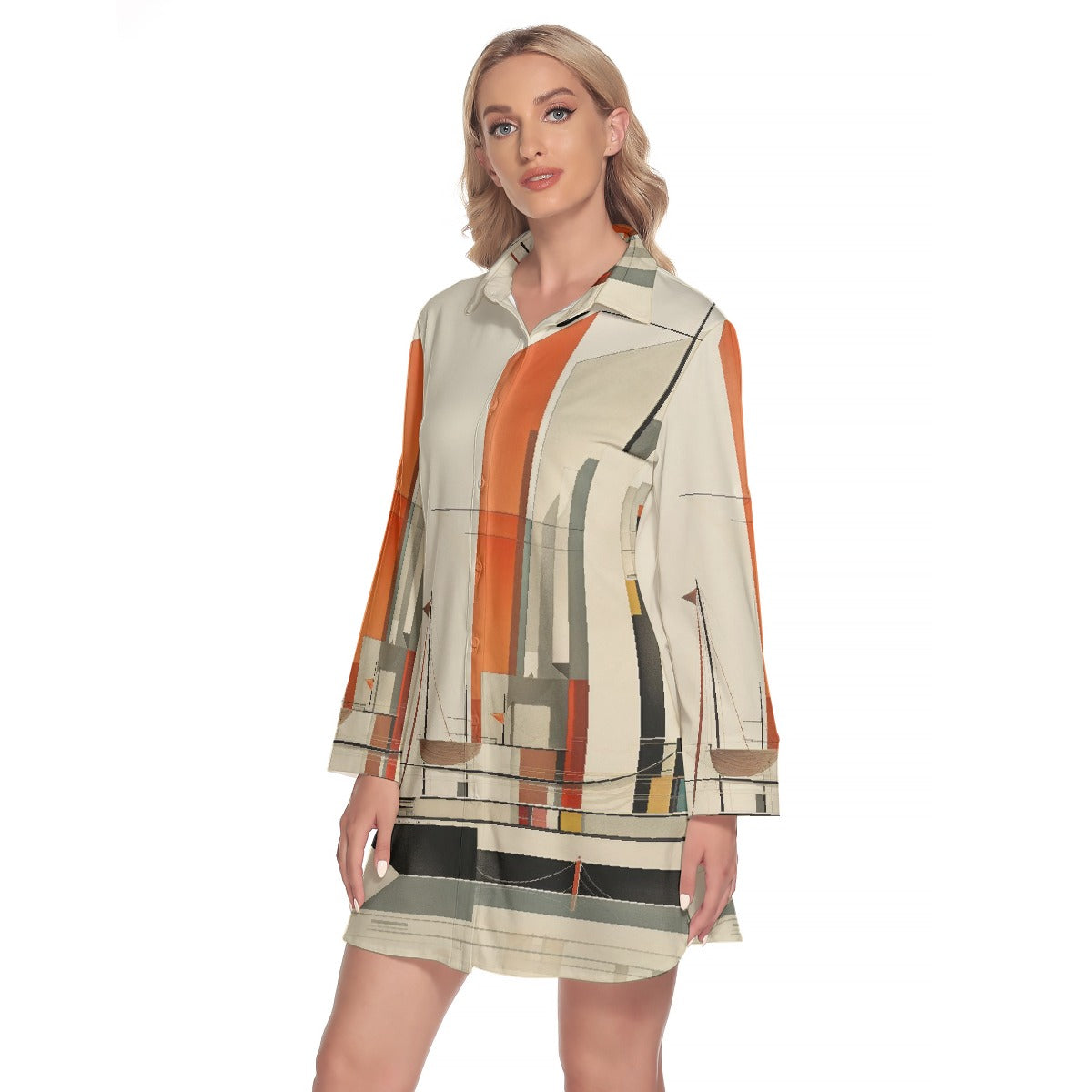 All-Over Print Women's Lapel Shirt Dress With Long Sleeve