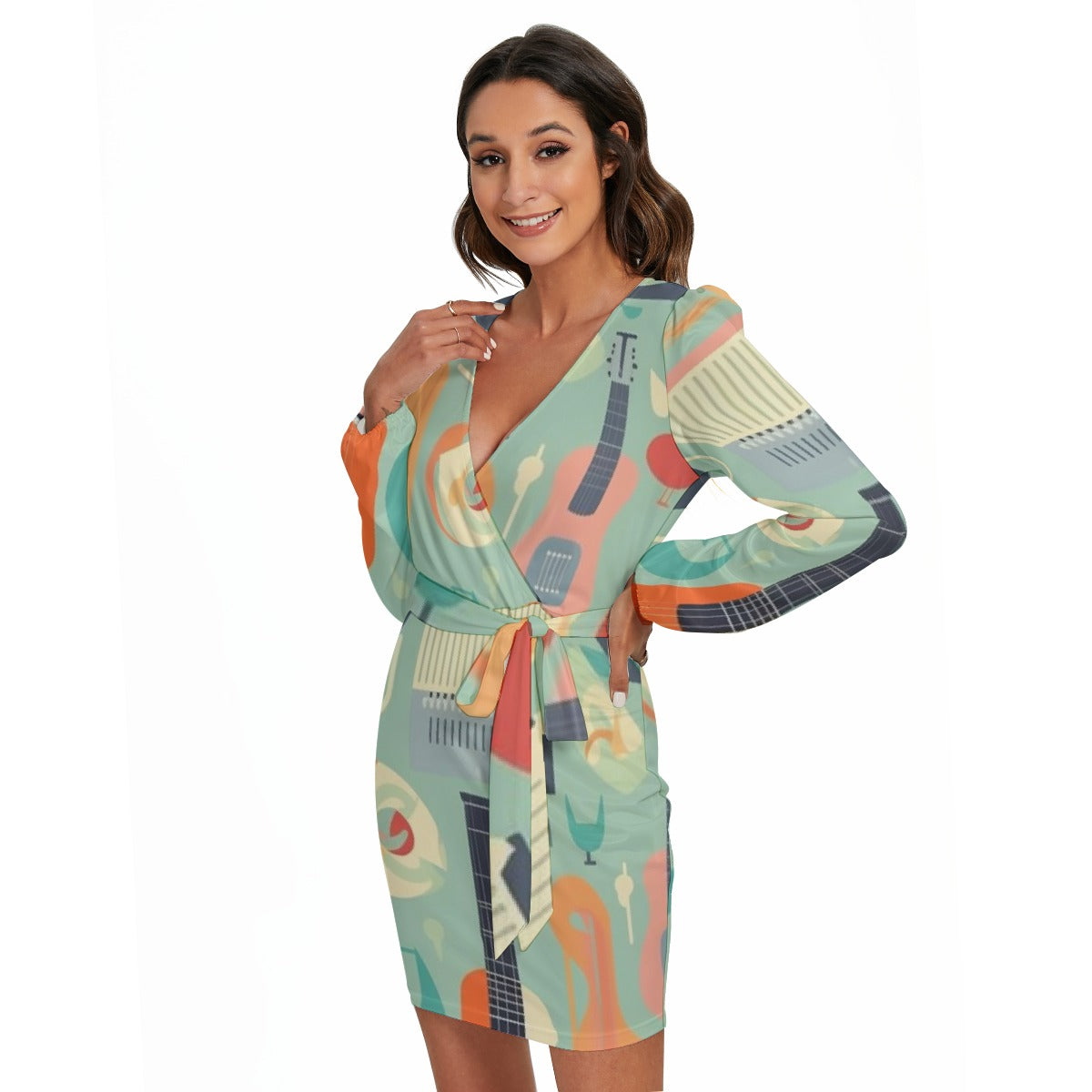 All-Over Print Women's Long Sleeve Dress With Waist Belt