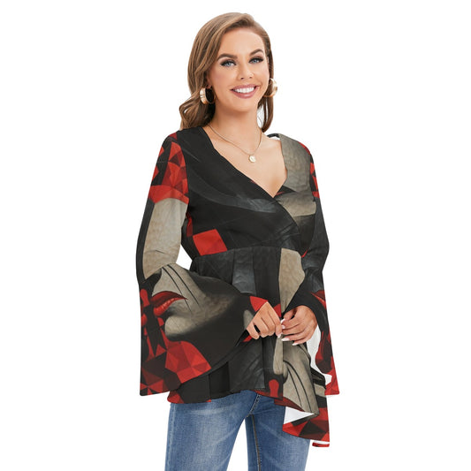 All-Over Print Women's V-neck Blouse With Flared Sleeves