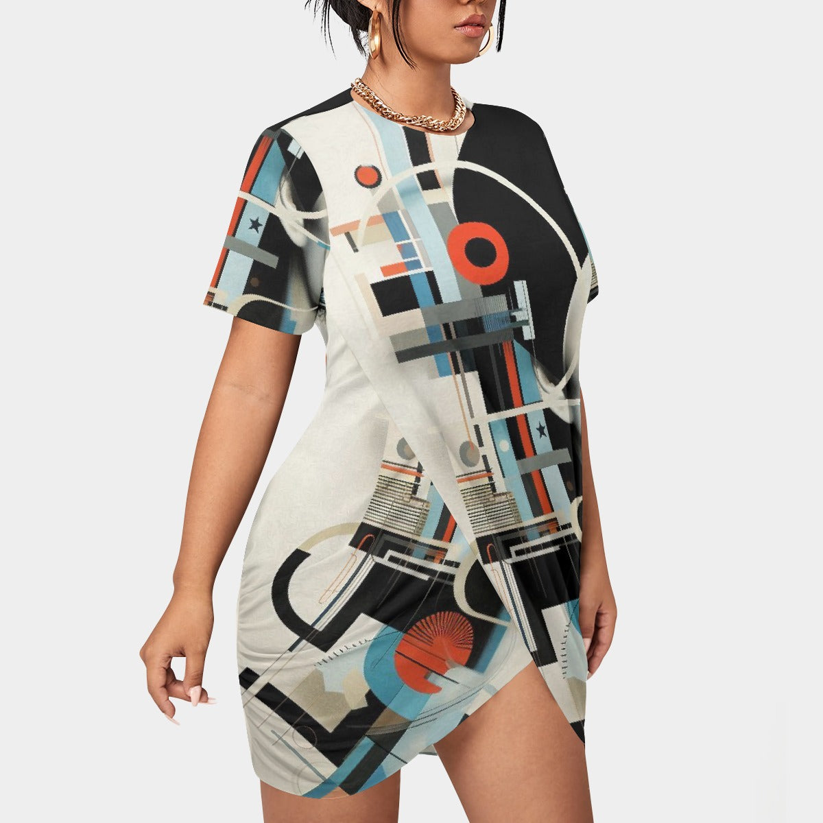 All-Over Print Women’s Stacked Hem Dress With Short Sleeve（Plus Size）