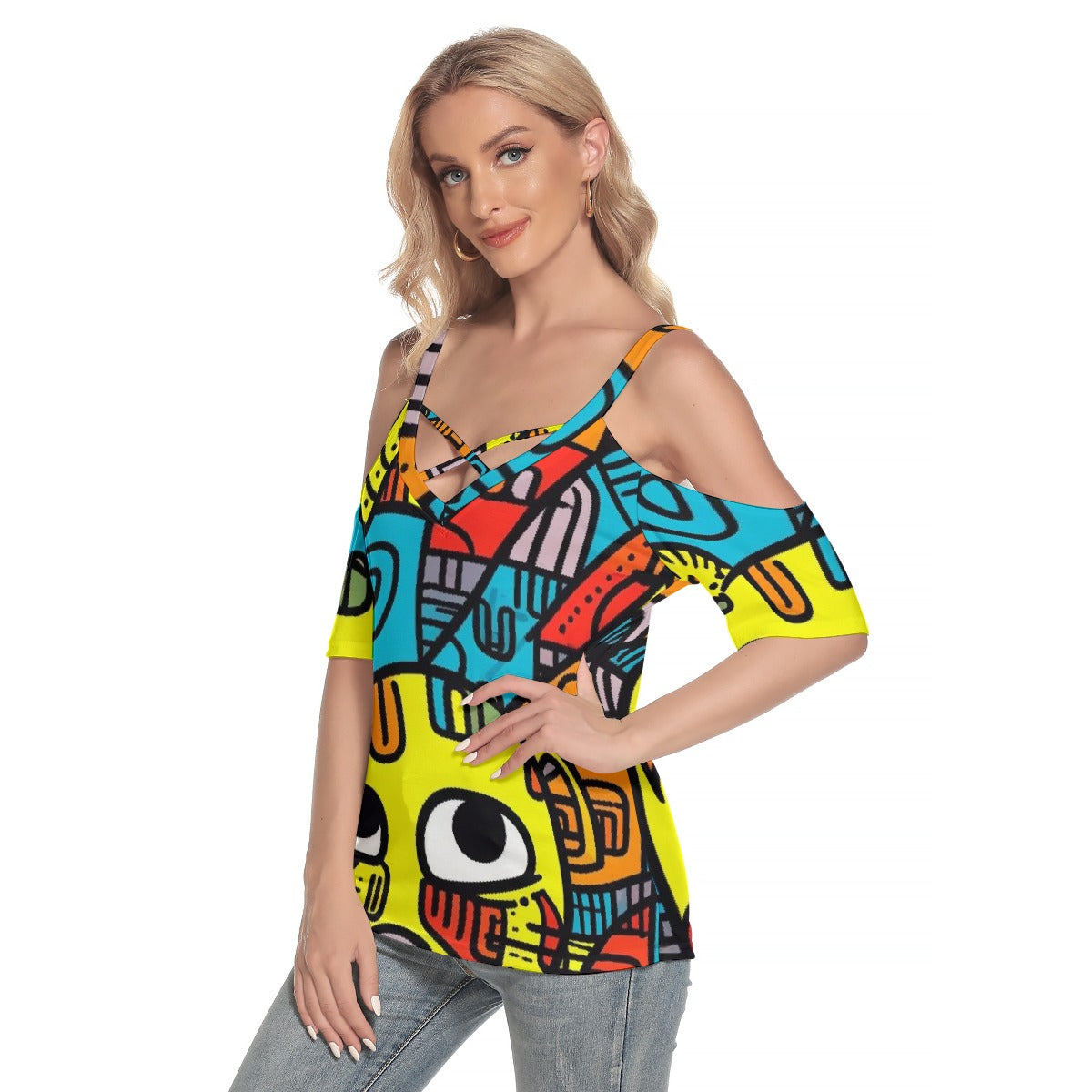 All-Over Print Women's Cold Shoulder T-shirt With Criss Cross Strips