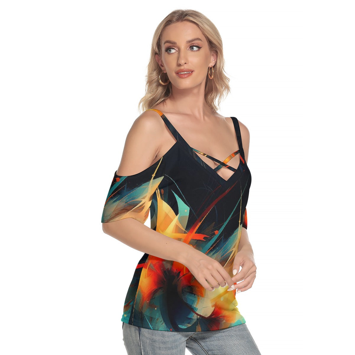 All-Over Print Women's Cold Shoulder T-shirt With Criss Cross Strips