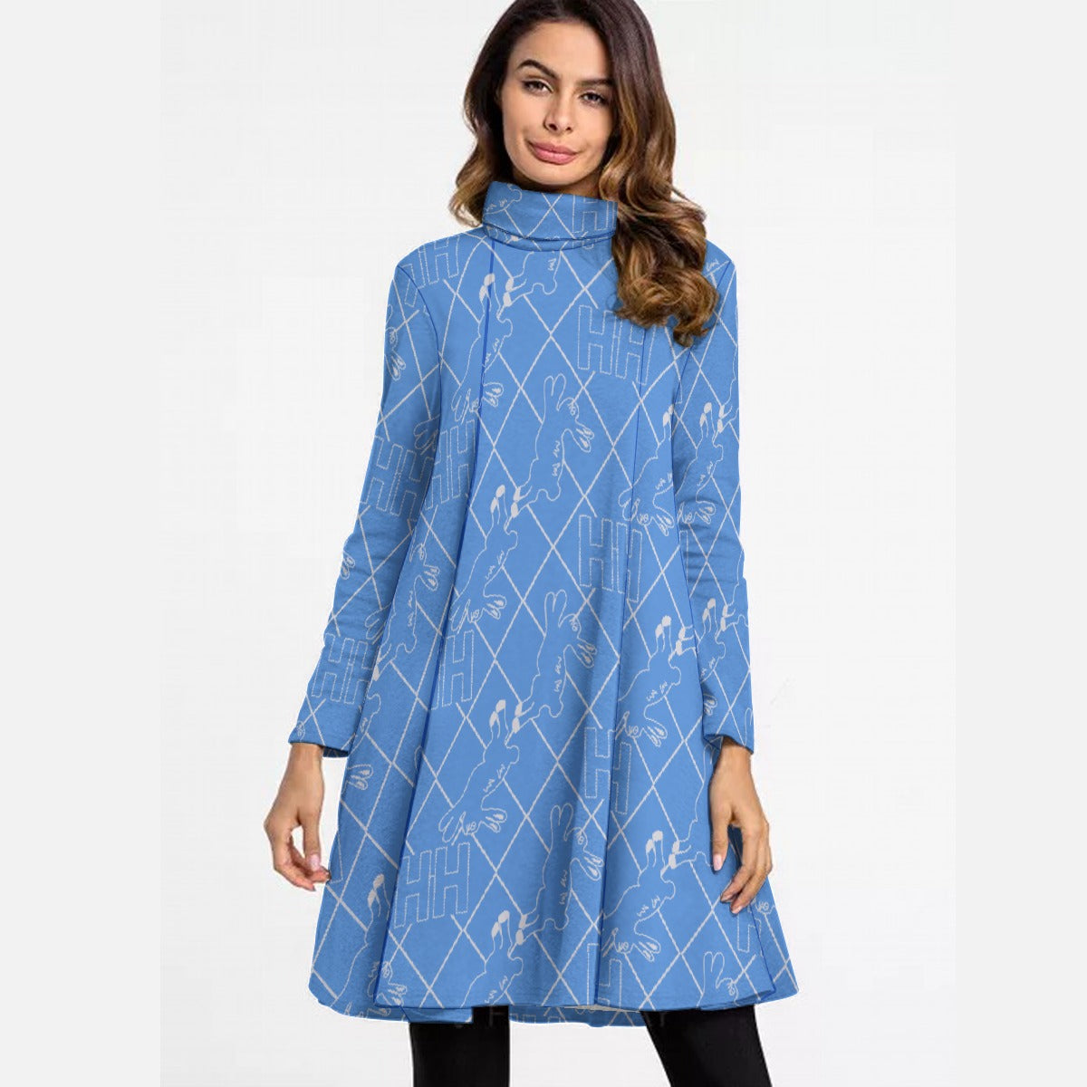 All-Over Print Women's High Neck Dress With Long Sleeve