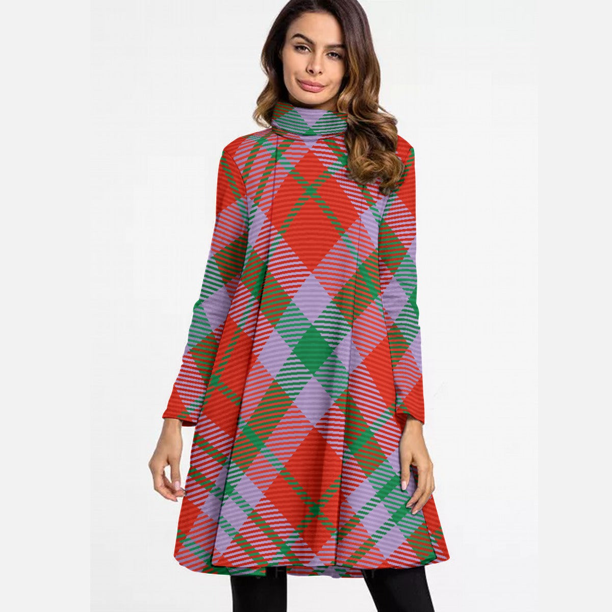 All-Over Print Women's High Neck Dress With Long Sleeve