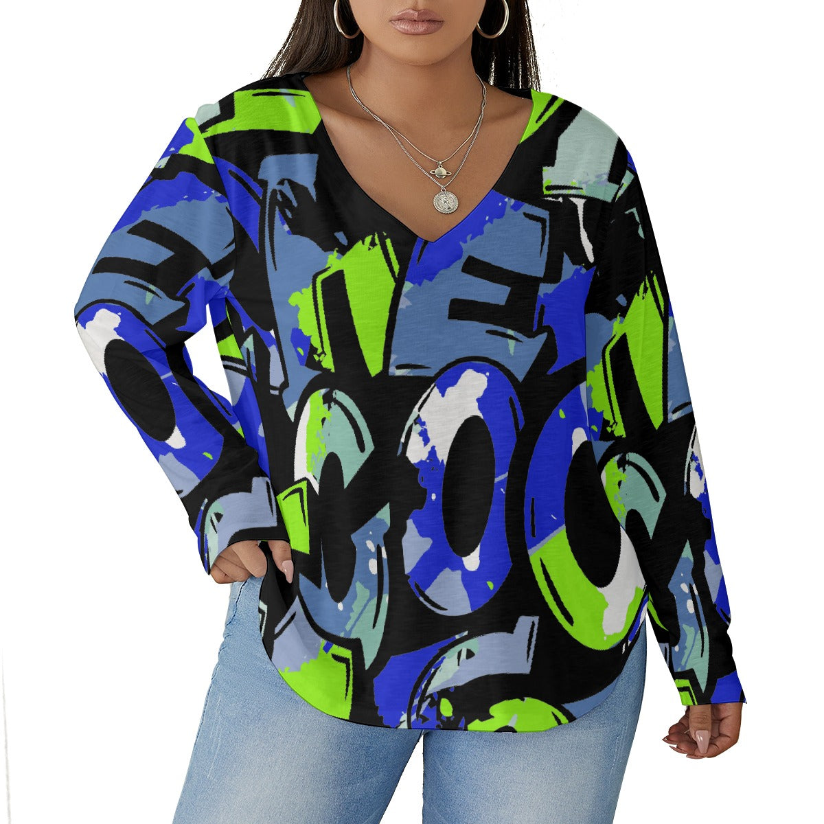 All-Over Print Women's V-neck T-shirt With Curved Hem(Plus Size)