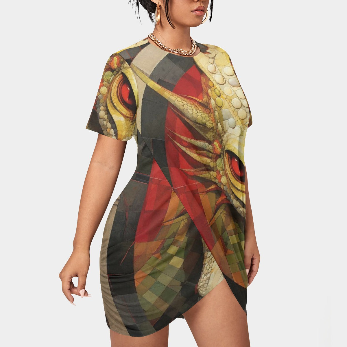 All-Over Print Women’s Stacked Hem Dress With Short Sleeve（Plus Size）