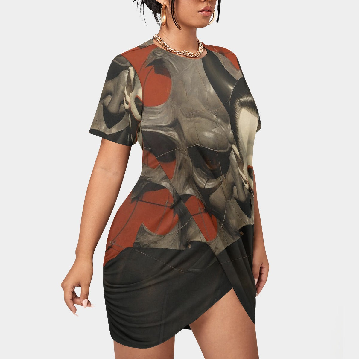 All-Over Print Women’s Stacked Hem Dress With Short Sleeve（Plus Size）