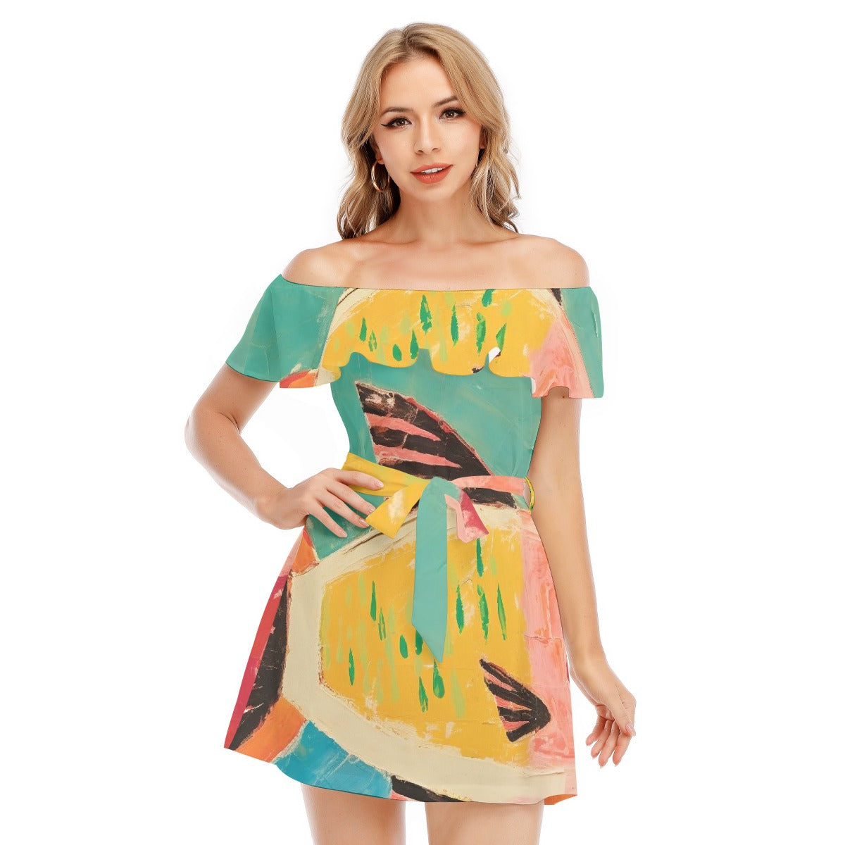 All-Over Print Women's Off-shoulder Dress With Ruffle