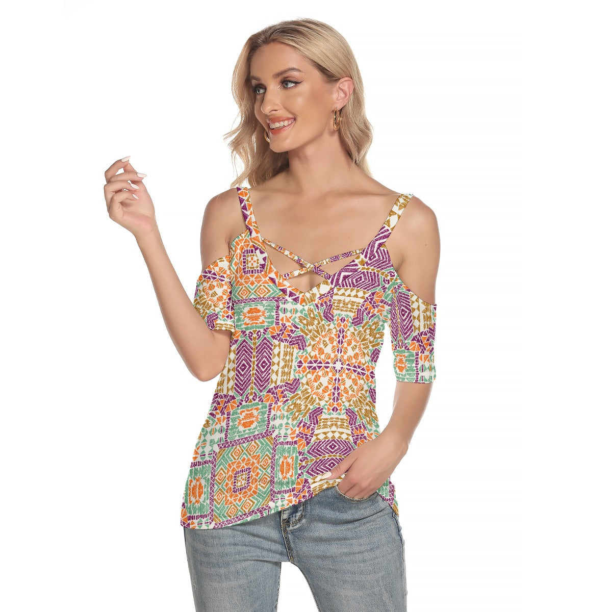 All-Over Print Women's Cold Shoulder T-shirt With Criss Cross Strips