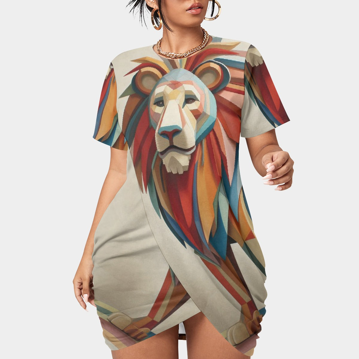 All-Over Print Women’s Stacked Hem Dress With Short Sleeve（Plus Size）