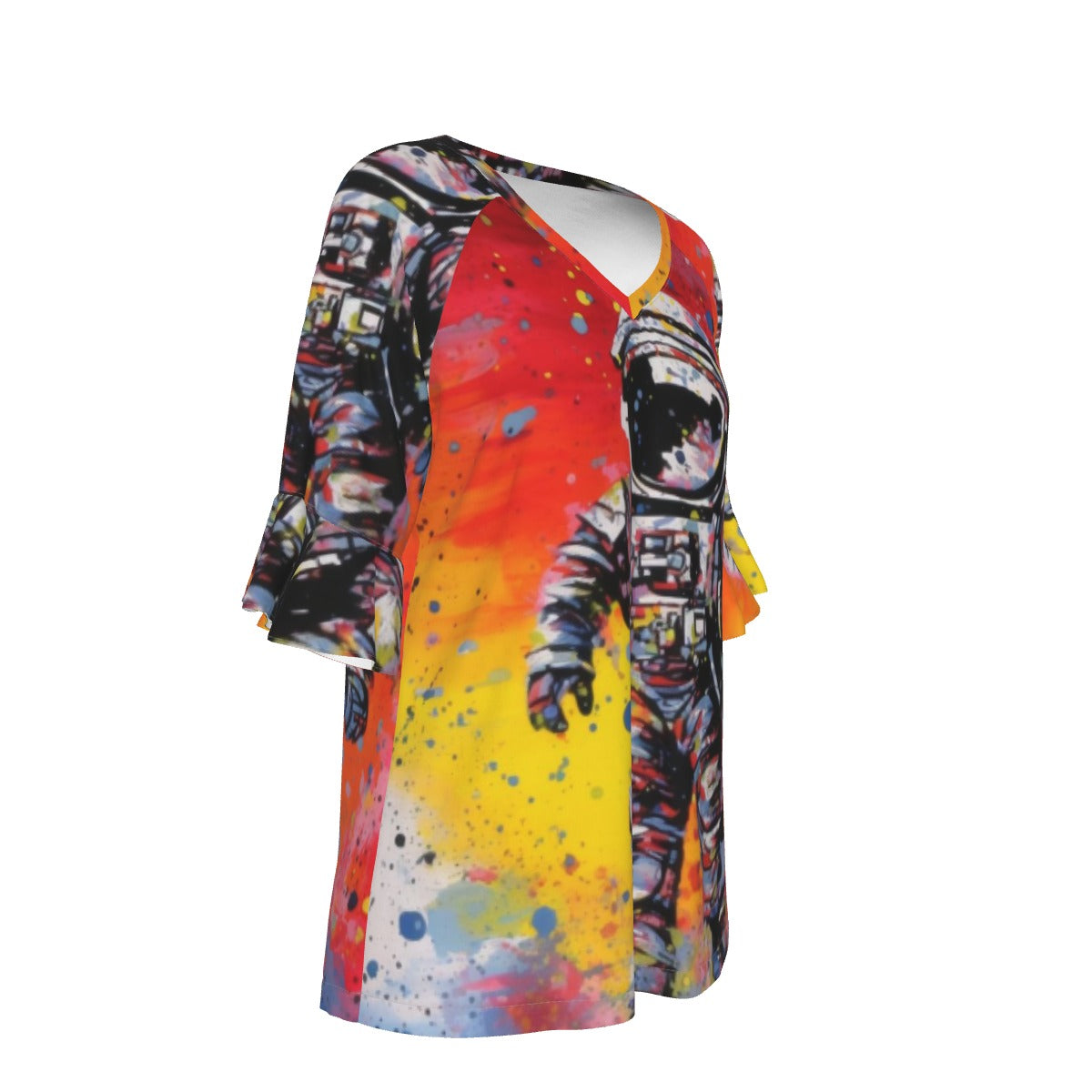 All-Over Print V-neck Women's T-shirt With Bell Sleeve