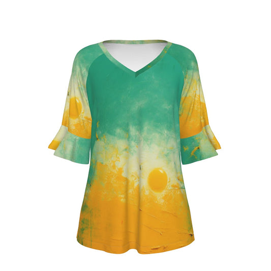 All-Over Print V-neck Women's T-shirt With Bell Sleeve