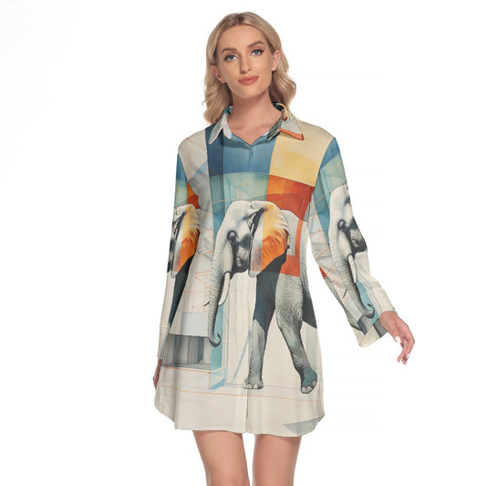 All-Over Print Women's Lapel Shirt Dress With Long Sleeve