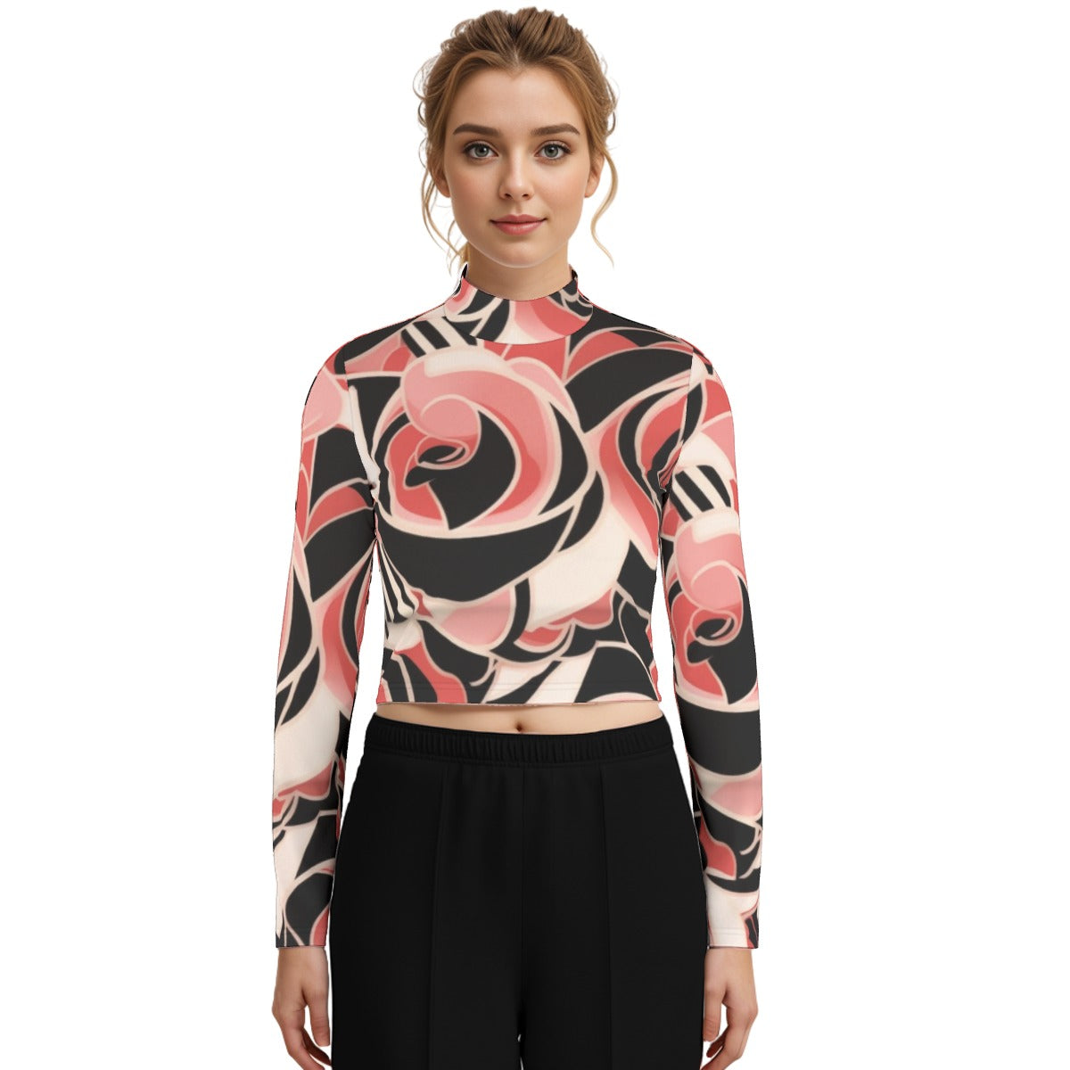 Eco-Friendly All-Over Print Women's Turtleneck T-shirt With Long Sleeve