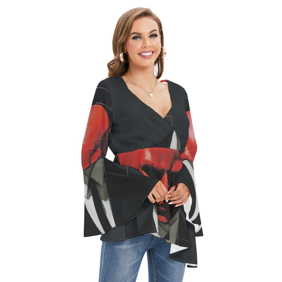 All-Over Print Women's V-neck Blouse With Flared Sleeves