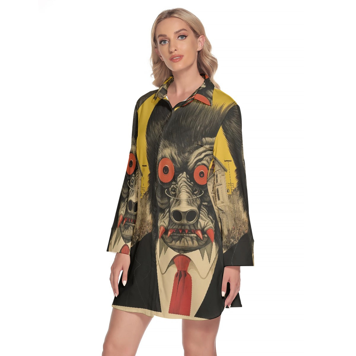 All-Over Print Women's Lapel Shirt Dress With Long Sleeve