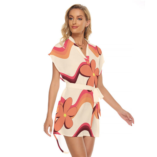 All-Over Print Women's Stand-up Collar Casual Dress With Belt