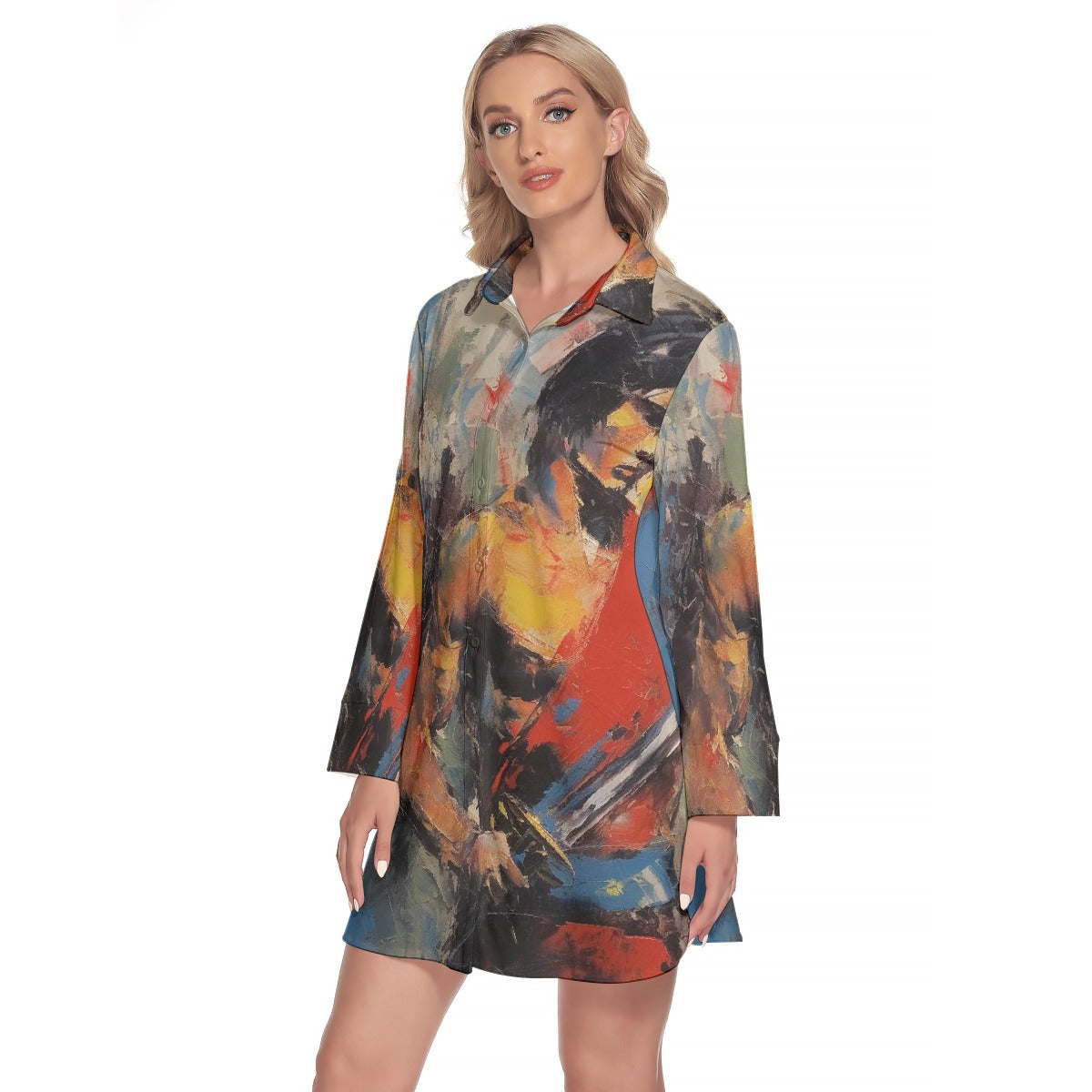 All-Over Print Women's Lapel Shirt Dress With Long Sleeve