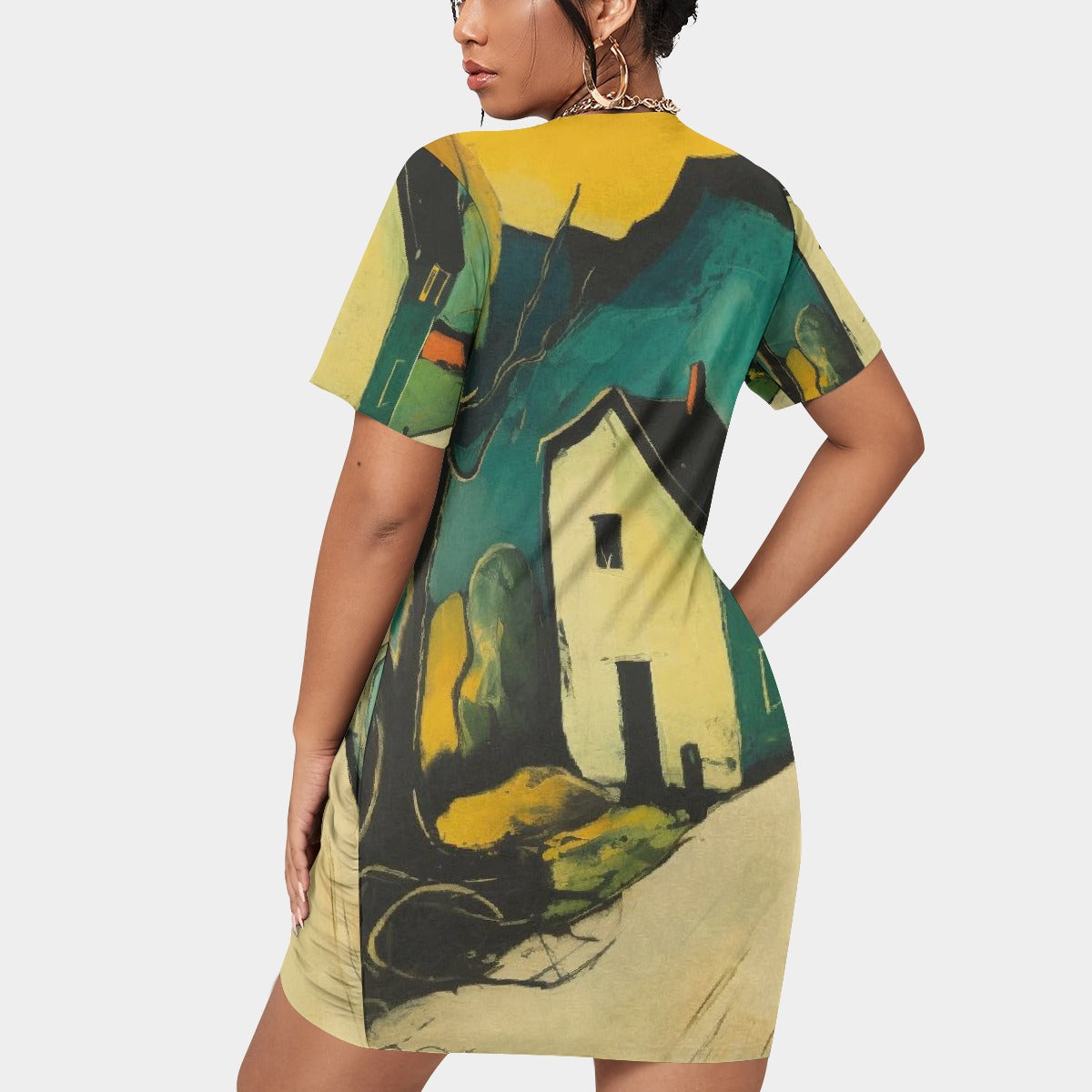 All-Over Print Women’s Stacked Hem Dress With Short Sleeve（Plus Size）