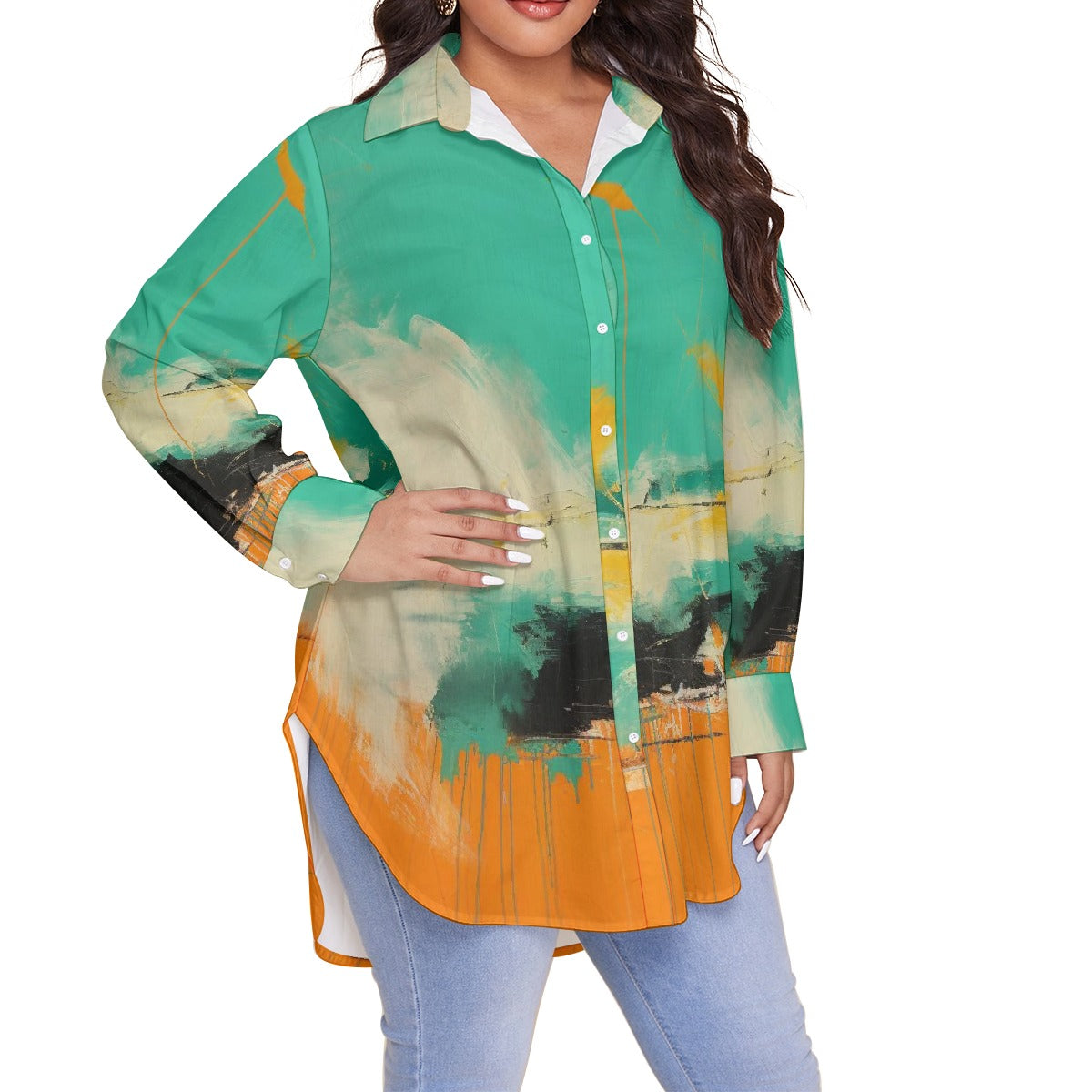 All-Over Print Women's Shirt With Long Sleeve(Plus Size)