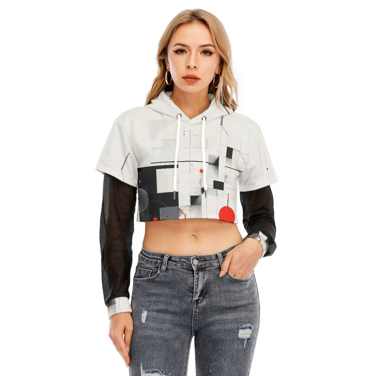 All-Over Print Women's Fake Two-piece Mesh Sleeve Cropped Hoodie