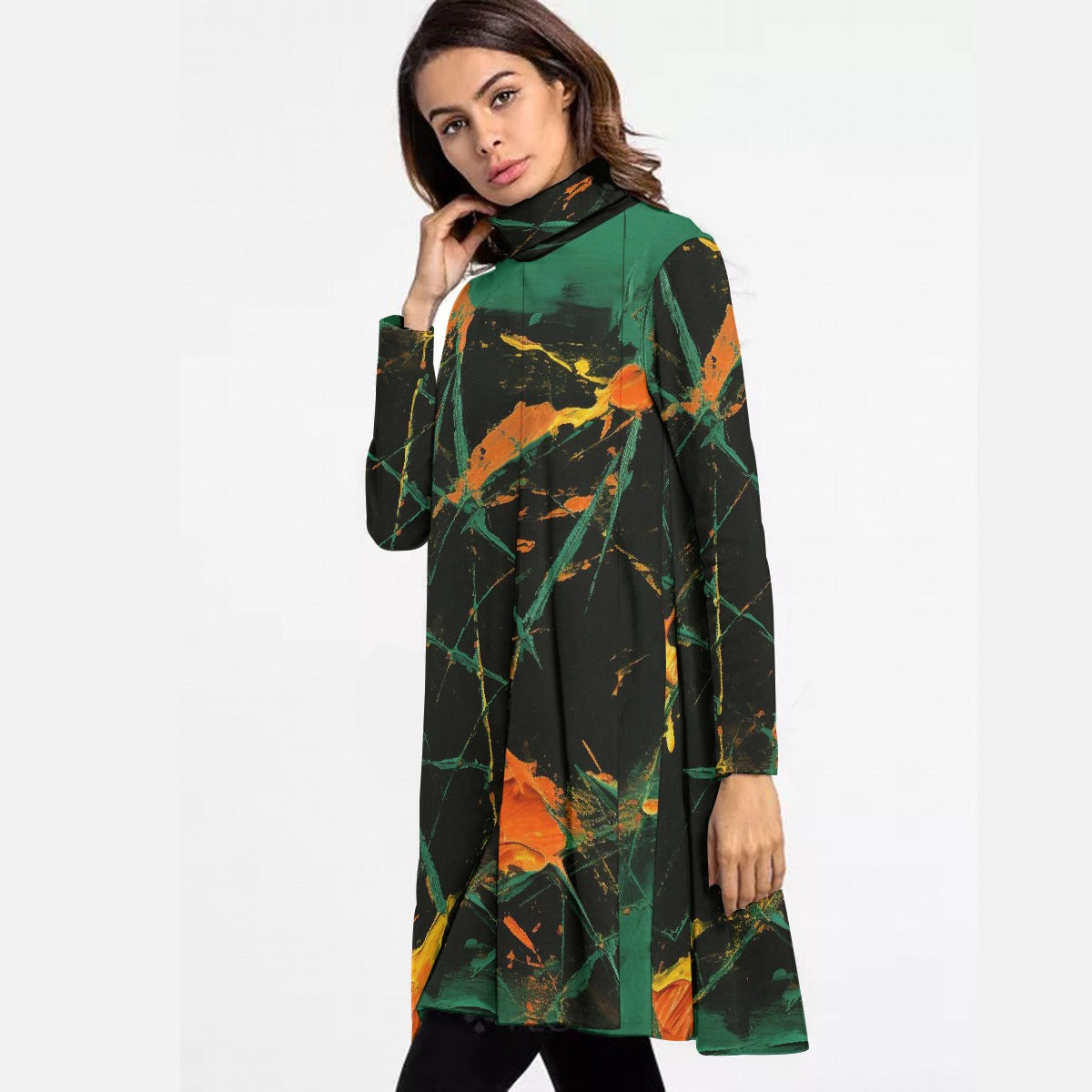 All-Over Print Women's High Neck Dress With Long Sleeve