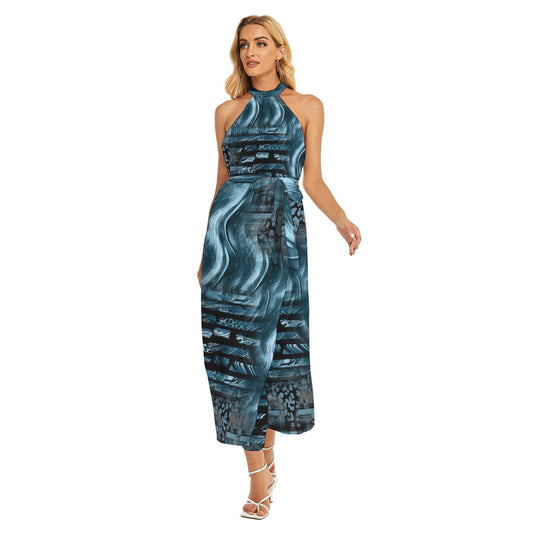 All-Over Print Women's Wrap Hem Belted Halter Dress