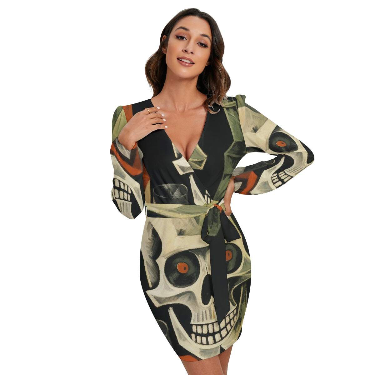 All-Over Print Women's Long Sleeve Dress With Waist Belt