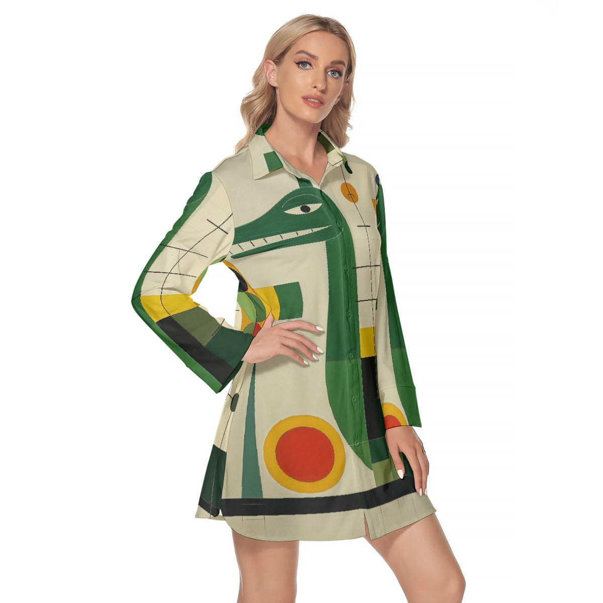 All-Over Print Women's Lapel Shirt Dress With Long Sleeve