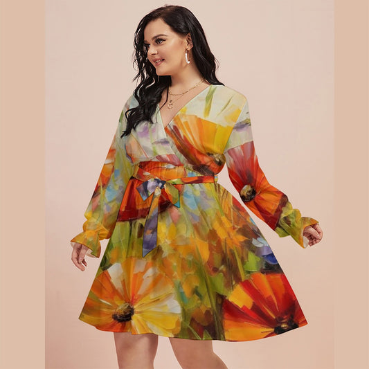 All-Over Print Women's V-neck Dress With Waistband(Plus Size)