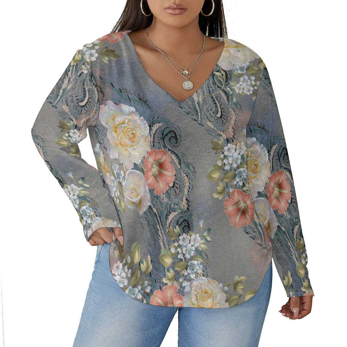 All-Over Print Women's V-neck T-shirt With Curved Hem(Plus Size)