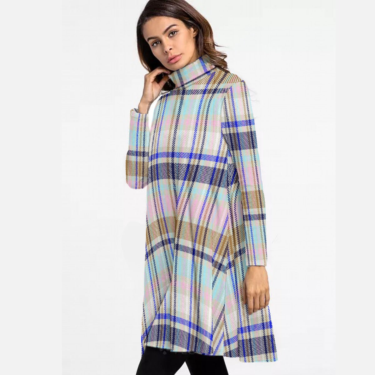 All-Over Print Women's High Neck Dress With Long Sleeve