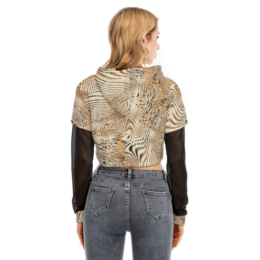 All-Over Print Women's Fake Two-piece Mesh Sleeve Cropped Hoodie