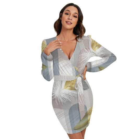 All-Over Print Women's Long Sleeve Dress With Waist Belt