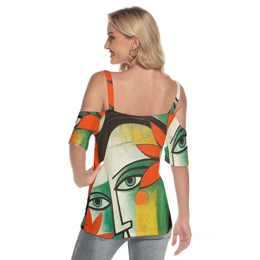 All-Over Print Women's Cold Shoulder T-shirt With Criss Cross Strips