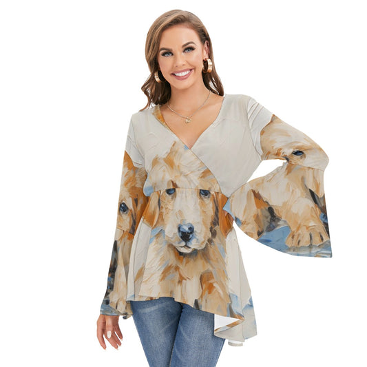 All-Over Print Women's V-neck Blouse With Flared Sleeves