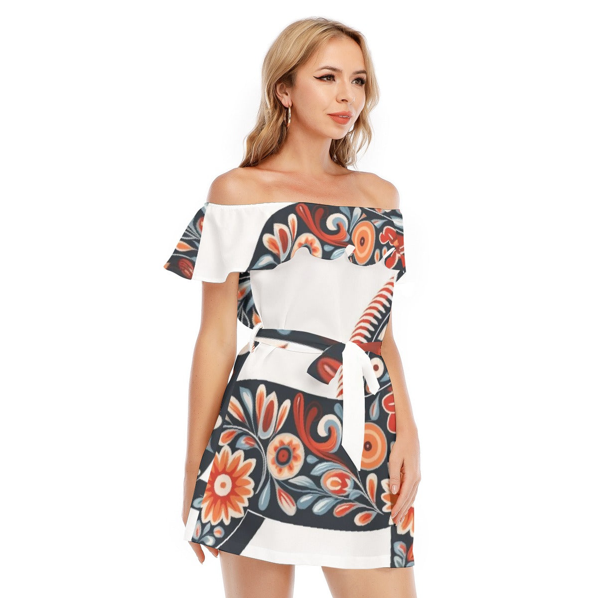 All-Over Print Women's Off-shoulder Dress With Ruffle